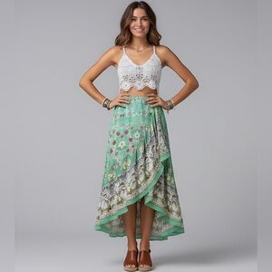 Green Boho Asymmetrical Hem Floral Printed Skirt